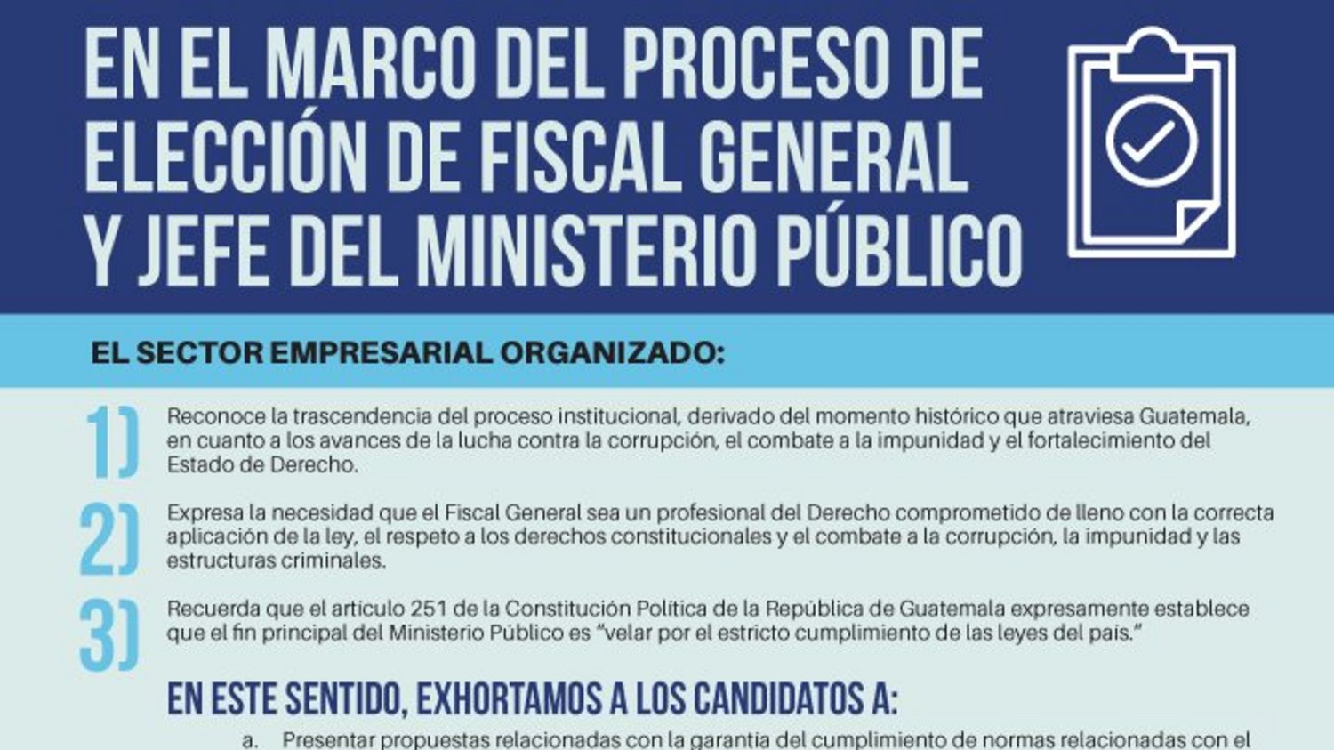 El contundente mensaje que Cacif envió a candidatos a Fiscal General y Comisión de Postulación El contundente mensaje que Cacif envió a candidatos a Fiscal General y Comisión de Postulación